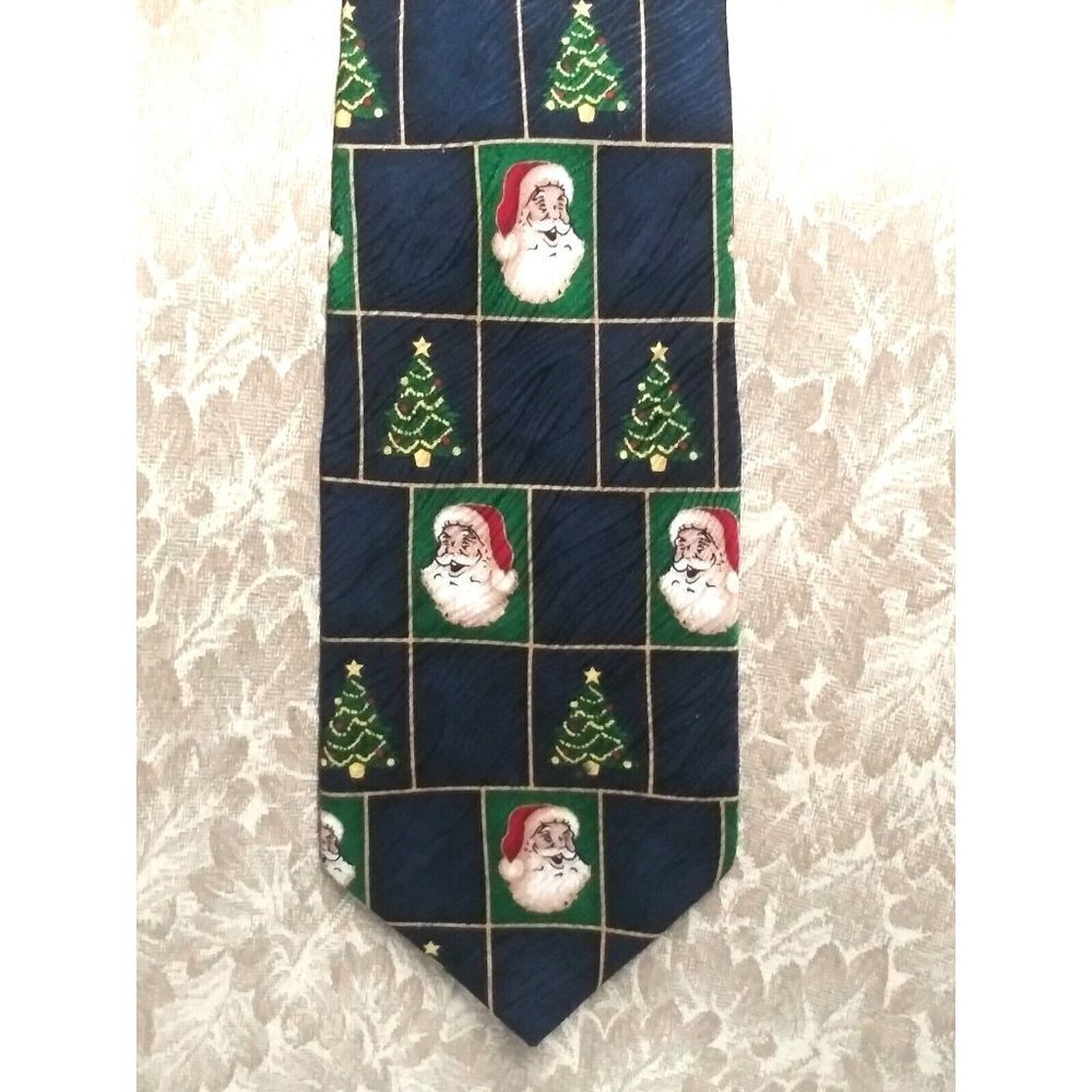 Robert Stock Mens Tie Necktie Santa & Christmas tree print 100% SILK USA MADE